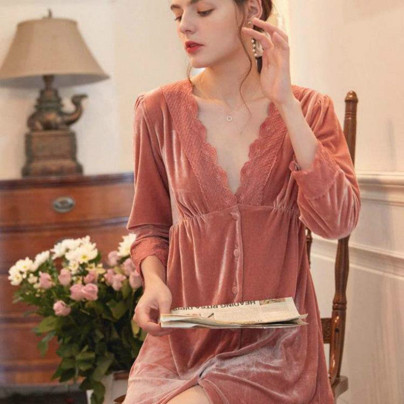 French Nightdress Women Autumn And Winter Coral Fleece Plus Fleece Long Skirt