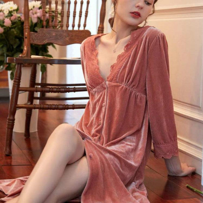 French Nightdress Women Autumn And Winter Coral Fleece Plus Fleece Long Skirt